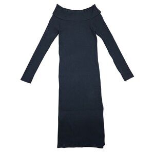 Womens Black Ribbed Off Shoulder Long Sleeve Bodycon Midi Dress Slit NWOT.